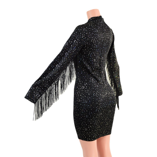 Star Noir Mini Dress with Fringed Sleeves, Keyhole, and Back Zipper - 5