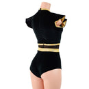 Black Velvet and Mesh Romper with Inset Mesh Keyhole Neckline - Coquetry Clothing