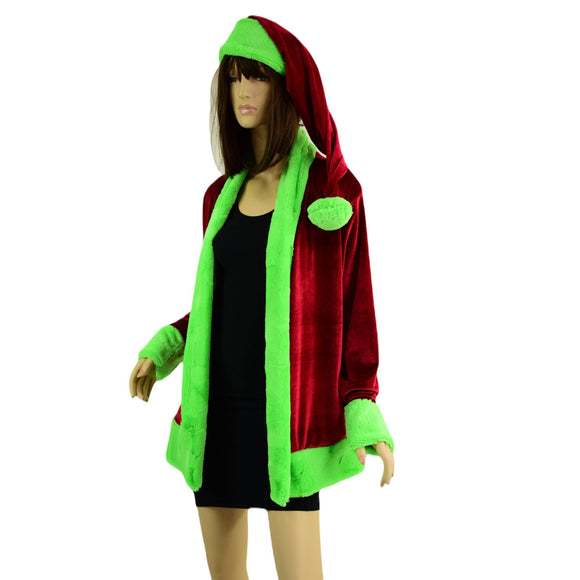 "Mean One" Not a Cardigan and Matching Santa Hat with Neon Green Trim - Coquetry Clothing