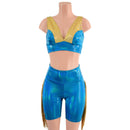 Peacock High Waist Bike Shorts with Gold Fringe and Starlette Bralette 2PC Set - Coquetry Clothing