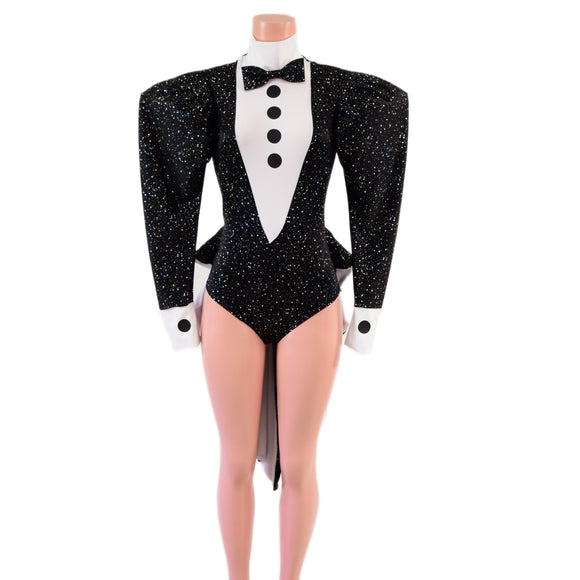 Faux Tux Romper with Tails, Tie, and Turtleneck - Coquetry Clothing
