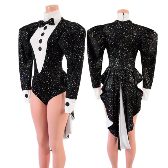 Faux Tux Romper with Tails, Tie, and Turtleneck - Coquetry Clothing