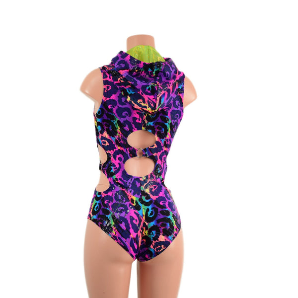 Rainbow Leopard Hooded O-Ring Romper with Siren Cut Leg - 4