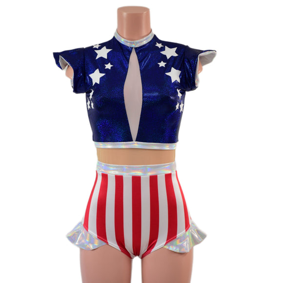 Firecracker Patriotic Keyhole Romper with Nude Mesh Waistband - Coquetry Clothing
