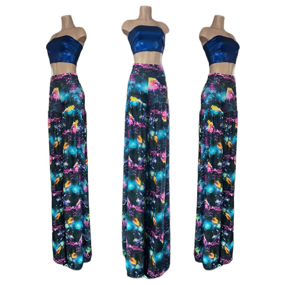 Fitted at the Hips Stilt Pants in UV Glow Galaxy - Coquetry Clothing