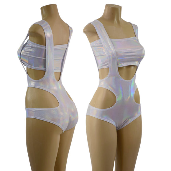 Flashbulb Holographic Hipnotic Suspender Romper and 6" Mini Strapless Crop Top - Coquetry Clothing