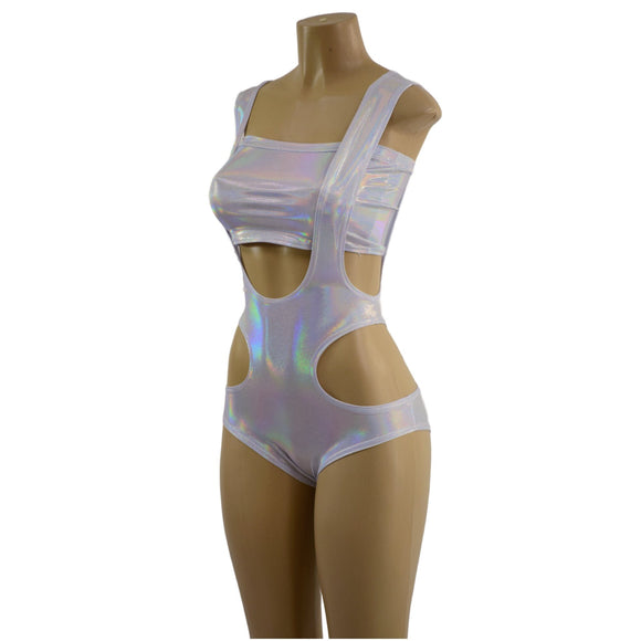 Flashbulb Holographic Hipnotic Suspender Romper and 6" Mini Strapless Crop Top - Coquetry Clothing
