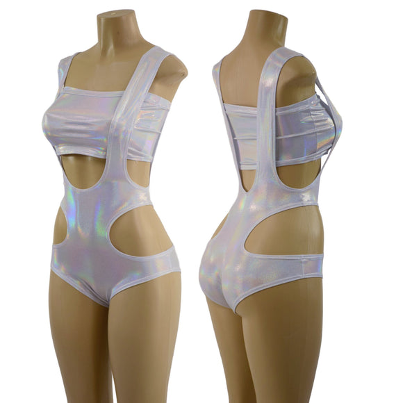 Flashbulb Holographic Hipnotic Suspender Romper and 6" Mini Strapless Crop Top - Coquetry Clothing