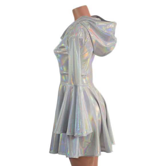Flashbulb Holographic Trumpet Sleeve Hooded Dress with Pockets - Coquetry Clothing