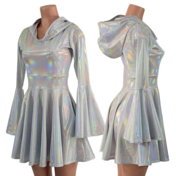 Flashbulb Holographic Trumpet Sleeve Hooded Dress with Pockets - Coquetry Clothing