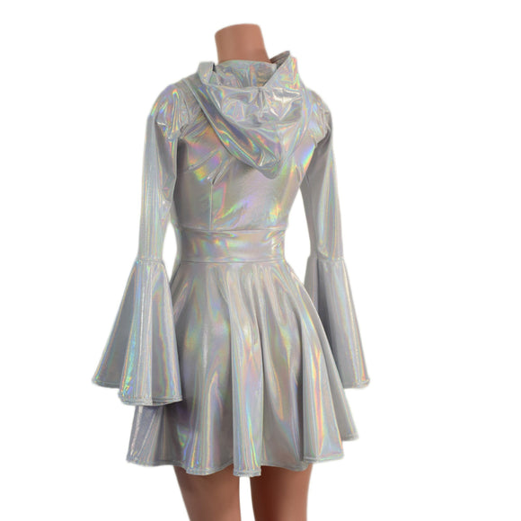 Flashbulb Holographic Trumpet Sleeve Hooded Dress with Pockets - Coquetry Clothing