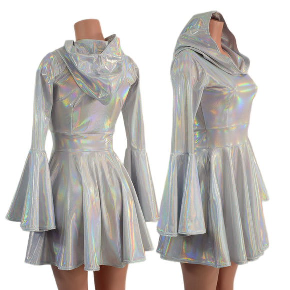 Flashbulb Holographic Trumpet Sleeve Hooded Dress with Pockets - Coquetry Clothing