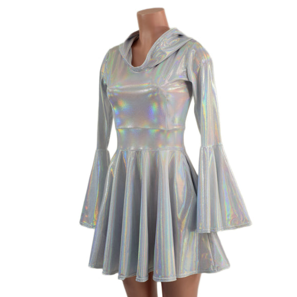Flashbulb Holographic Trumpet Sleeve Hooded Dress with Pockets - Coquetry Clothing