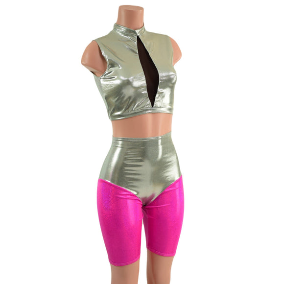 Fonda Shorts and Inset Mesh Keyhole Crop in Platinum Metallic - Coquetry Clothing