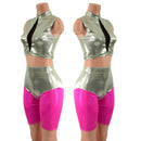 Fonda Shorts and Inset Mesh Keyhole Crop in Platinum Metallic - Coquetry Clothing