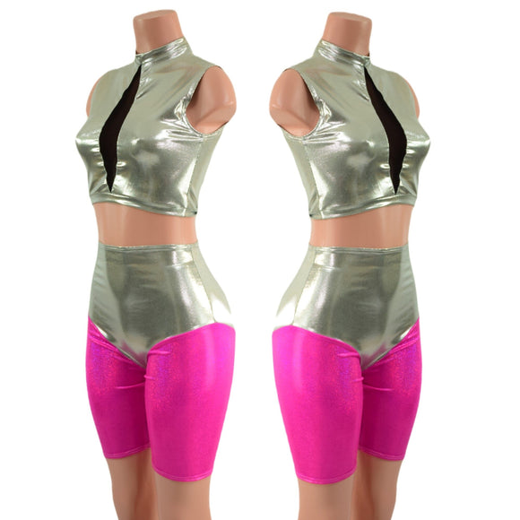 Fonda Shorts and Inset Mesh Keyhole Crop in Platinum Metallic - Coquetry Clothing