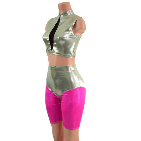 Fonda Shorts and Inset Mesh Keyhole Crop in Platinum Metallic - Coquetry Clothing