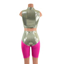Fonda Shorts and Inset Mesh Keyhole Crop in Platinum Metallic - Coquetry Clothing
