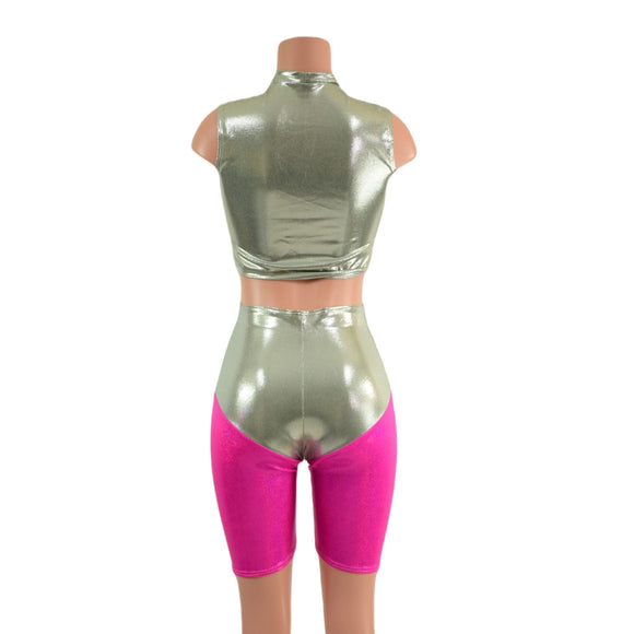 Fonda Shorts and Inset Mesh Keyhole Crop in Platinum Metallic - Coquetry Clothing