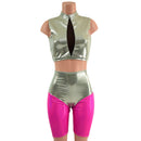 Fonda Shorts and Inset Mesh Keyhole Crop in Platinum Metallic - Coquetry Clothing