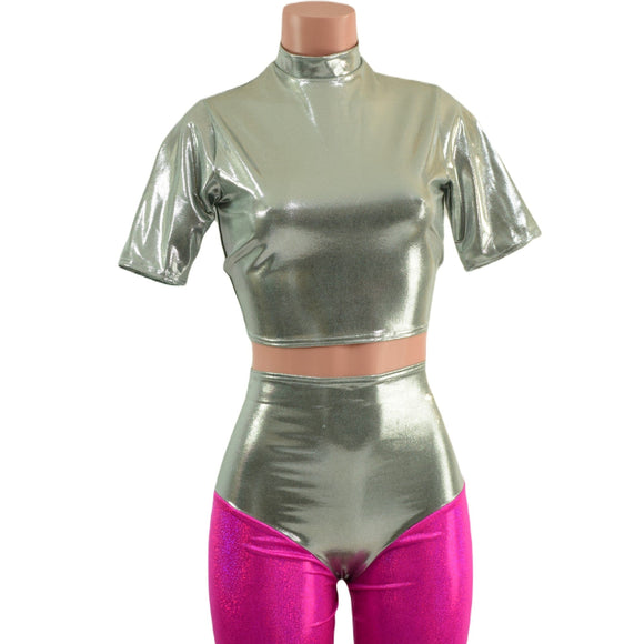 Fonda Shorts and Tee Sleeve Crop in Platinum Metallic - Coquetry Clothing