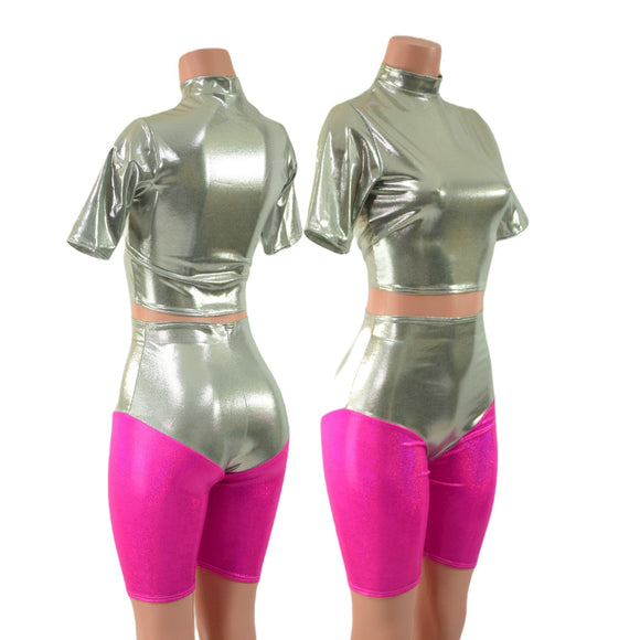 Fonda Shorts and Tee Sleeve Crop in Platinum Metallic - Coquetry Clothing