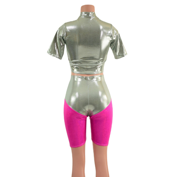 Fonda Shorts and Tee Sleeve Crop in Platinum Metallic - Coquetry Clothing