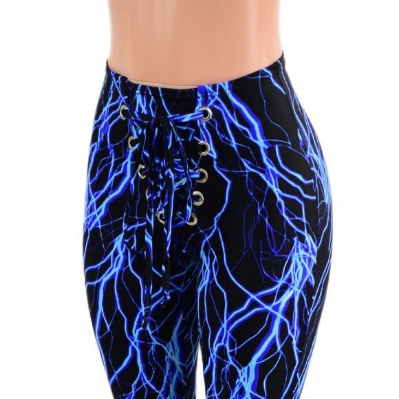 Front Lace Up High Waist Solar Flares in Neon Blue Lightning - Coquetry Clothing