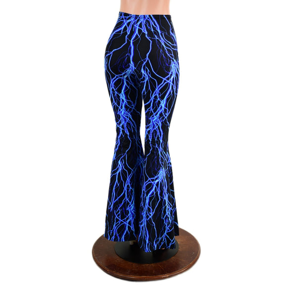 Front Lace Up High Waist Solar Flares in Neon Blue Lightning - Coquetry Clothing