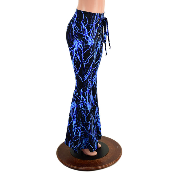 Front Lace Up High Waist Solar Flares in Neon Blue Lightning - Coquetry Clothing