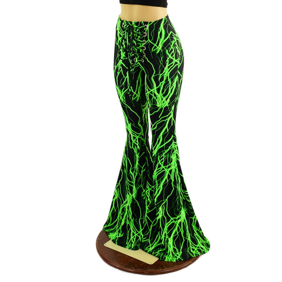 Front Lace Up High Waist Solar Flares in Neon Green Lightning - Coquetry Clothing