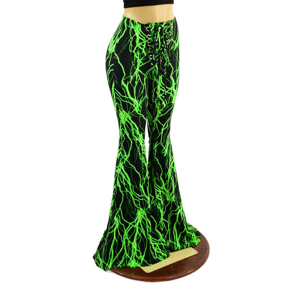 Front Lace Up High Waist Solar Flares in Neon Green Lightning - Coquetry Clothing