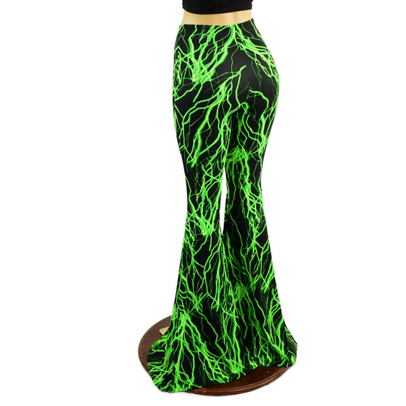 Front Lace Up High Waist Solar Flares in Neon Green Lightning - Coquetry Clothing