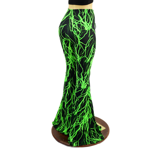 Front Lace Up High Waist Solar Flares in Neon Green Lightning - Coquetry Clothing