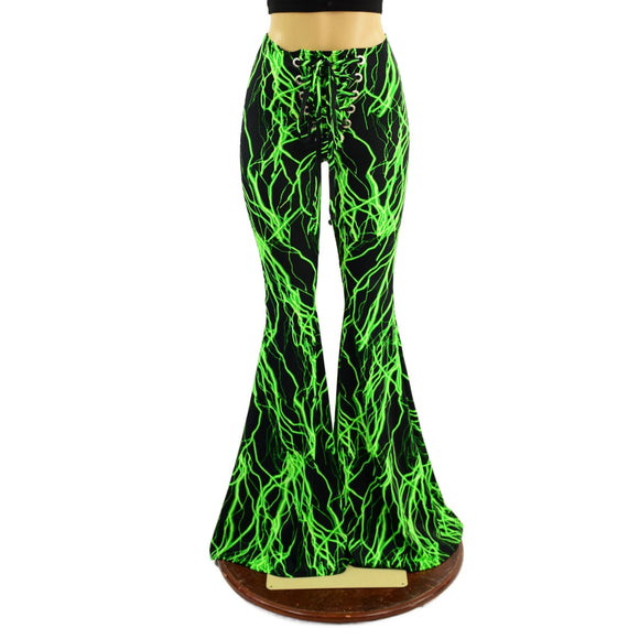 Front Lace Up High Waist Solar Flares in Neon Green Lightning - Coquetry Clothing