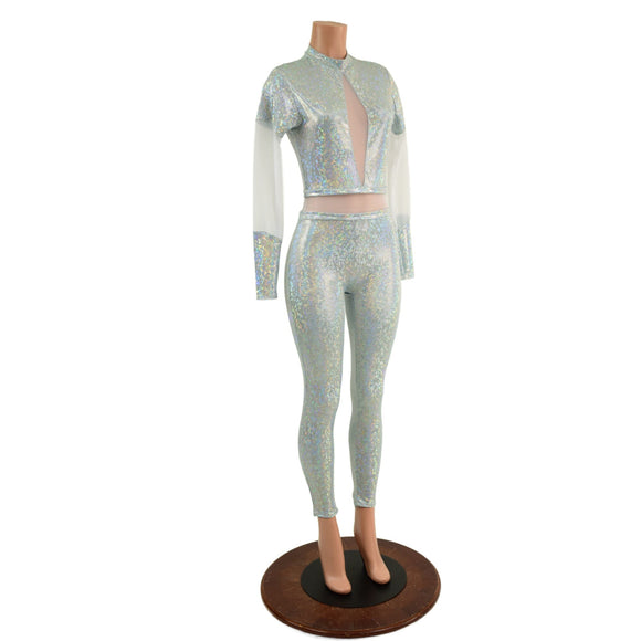 Frostbite Catsuit with White Mesh Waistband, Keyhole, and Sleeve Details - Coquetry Clothing