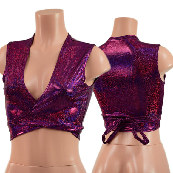 Fuchsia Sparkly Jewel Sleeveless Wrap & Tie Top - Coquetry Clothing