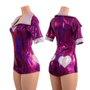 Fuchsia Sparkly Romper with Banded Tee Sleeves, Disco Collar, and Heart Applique - Coquetry Clothing