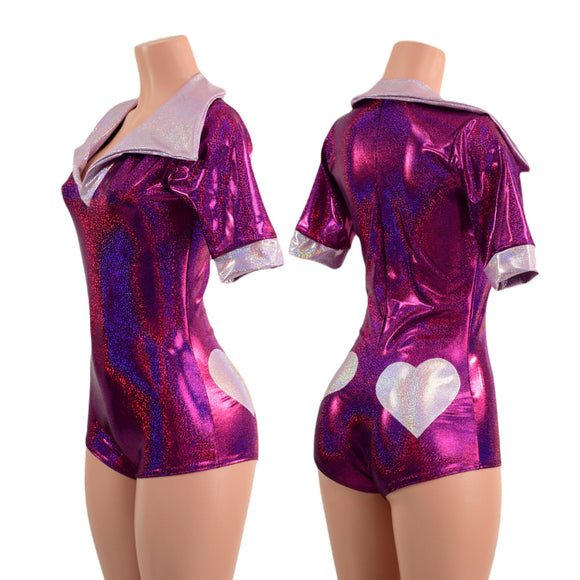 Fuchsia Sparkly Romper with Banded Tee Sleeves, Disco Collar, and Heart Applique - Coquetry Clothing