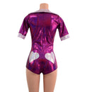Fuchsia Sparkly Romper with Banded Tee Sleeves, Disco Collar, and Heart Applique - Coquetry Clothing