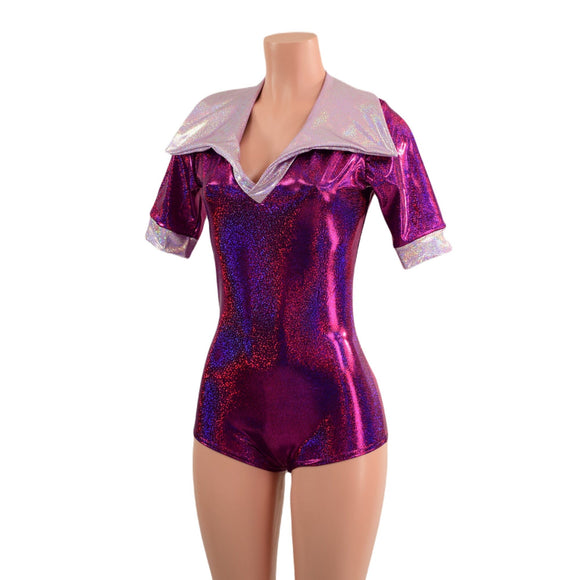 Fuchsia Sparkly Romper with Banded Tee Sleeves, Disco Collar, and Heart Applique - Coquetry Clothing