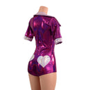 Fuchsia Sparkly Romper with Banded Tee Sleeves, Disco Collar, and Heart Applique - Coquetry Clothing