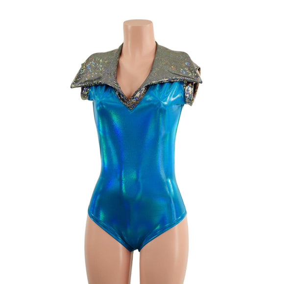 Peacock Holographic Siren Cut Romper, Disco Collar, and Discoball Applique - Coquetry Clothing