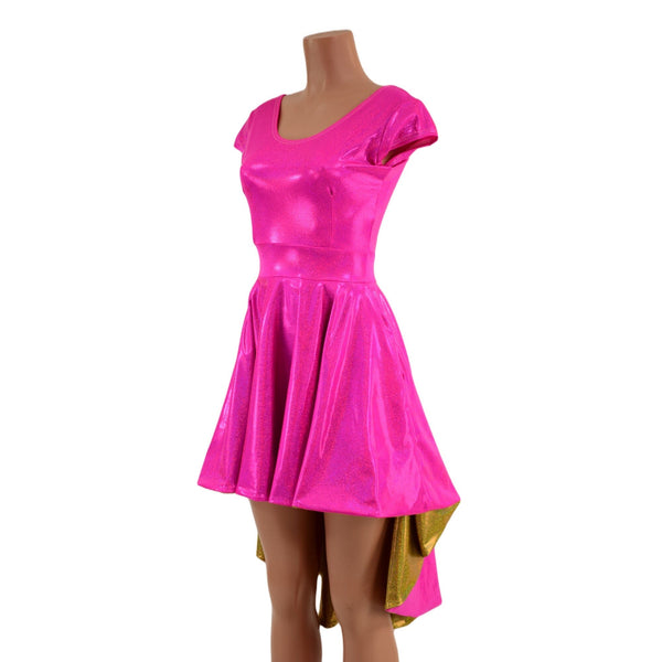 Neon Pink Sparkly Hi Lo Skater Dress with Gold Skirt Lining - 2