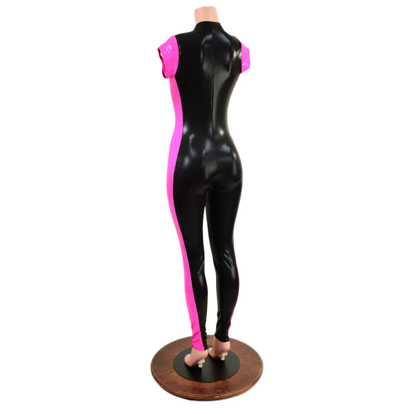 Black Mystique Side Panel Catsuit with Plunging V Neckline - 2