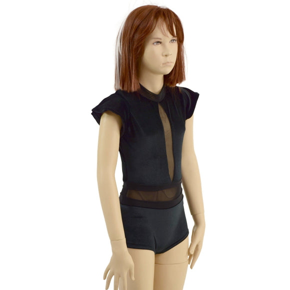 Girls Black Velvet Romper with Inset Keyhole and Mesh Waistband - Coquetry Clothing