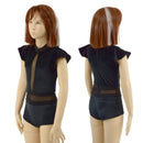 Girls Black Velvet Romper with Inset Keyhole and Mesh Waistband - Coquetry Clothing