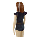 Girls Black Velvet Romper with Inset Keyhole and Mesh Waistband - Coquetry Clothing