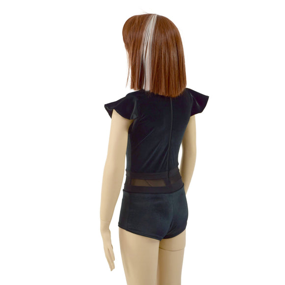 Girls Black Velvet Romper with Inset Keyhole and Mesh Waistband - Coquetry Clothing