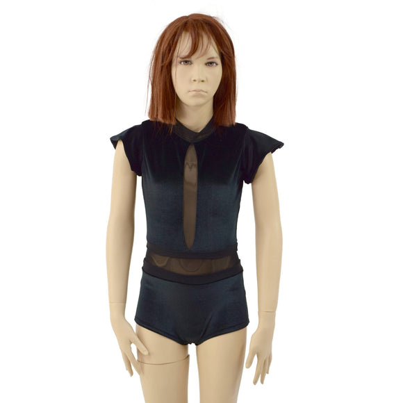 Girls Black Velvet Romper with Inset Keyhole and Mesh Waistband - Coquetry Clothing